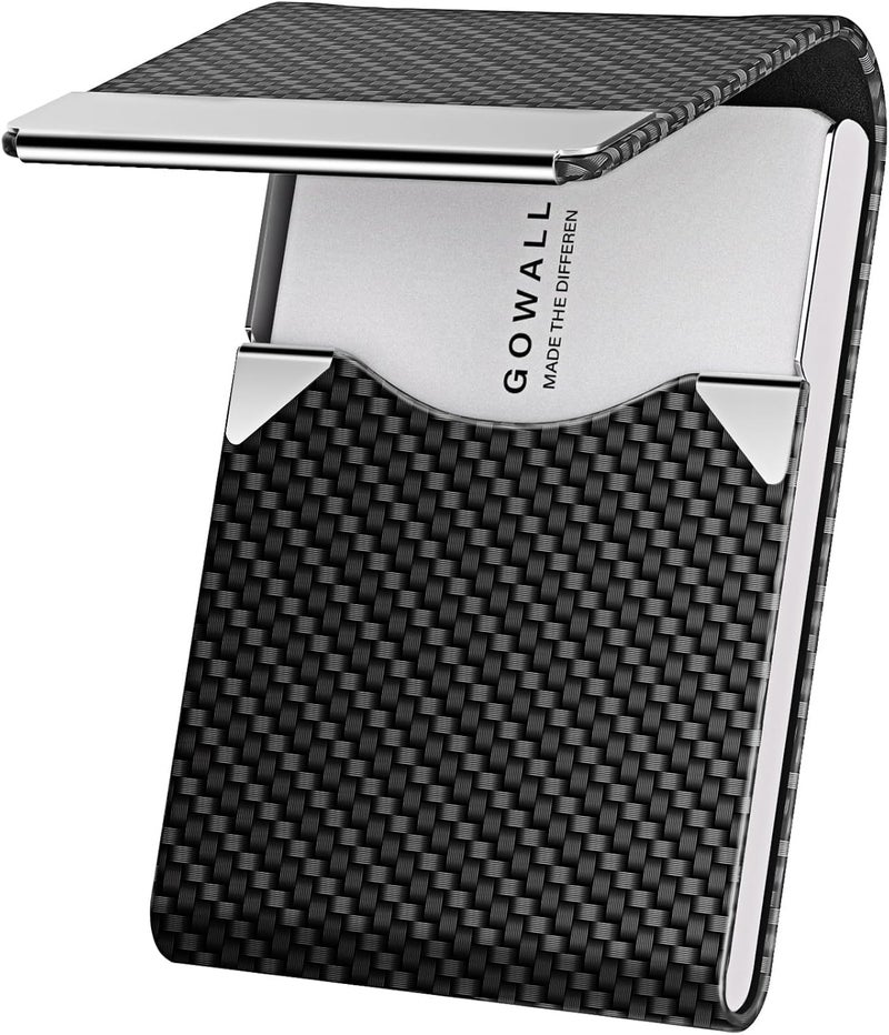 GOWALL Black Carbon Business Card Holder with Magnetic Closure, Slim Metal PU Business Card Case for Men Women, 3.7 x 2.3 inches RFID Blocking Credit Cards Holder for Pocket or Bag Storage - Image 1